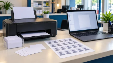 Generic print-service desk with blank cards and photo sheet